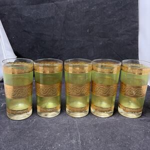 Vintage MCM Culver Starlyte 22k Gold Stripes Green Set of 5 Highball Glasses